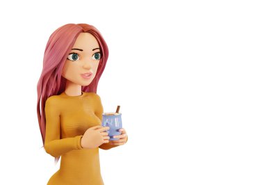 Cappuccino bardağı tutan tatlı bir çizgi film kadını. Üç boyutlu karikatür karakteri. Bir kahve dükkanının reklamını yapmak için tasarlanmış bir nesne. Sevgililer Günü konsepti.