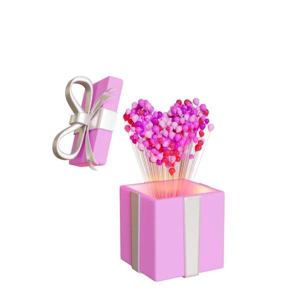 Palloncini Cuore Rosa Volano Fuori Una Confezione Regalo Aperta Bella — Foto Stock