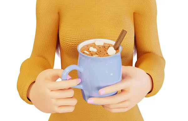 Tecknade Händer Som Håller Mugg Varm Choklad Med Marshmallow Hjärtan — Stockfoto