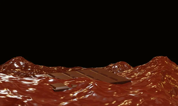 在火热的巧克力海里融化巧克力棒 融化的巧克力 3D渲染 巧克力 抽象背景 — 图库照片