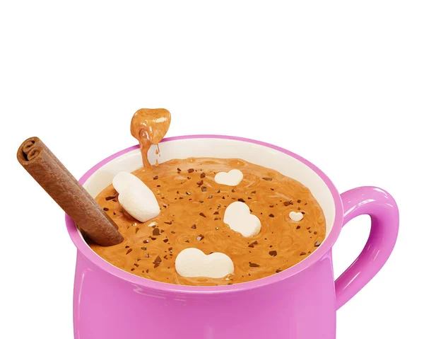 Caneca Cappuccino Com Corações Marshmallow Pedaços Chocolate Pau Canela Bebida — Fotografia de Stock