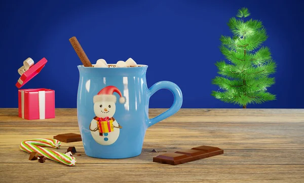 Caneca Cacau Com Marshmallows Uma Mesa Madeira Renderização Cartão Natal — Fotografia de Stock