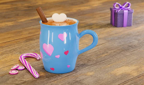 Chocolate Quente Com Corações Marshmallow Uma Caixa Presente Romântica Uma — Fotografia de Stock