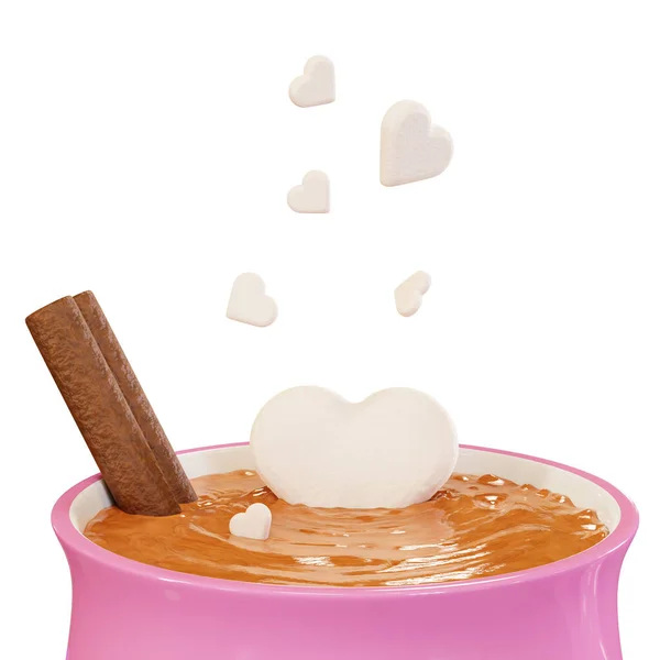 Caneca Chocolate Quente Com Corações Marshmallow Pau Canela Renderização Uma — Fotografia de Stock