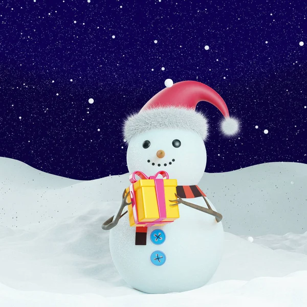スノーマンはギフトボックスを持ってる3Dレンダリング サンタの帽子とスカーフの雪だるまは贈り物を与えます 3Dイラスト 雪の夜の背景 — ストック写真