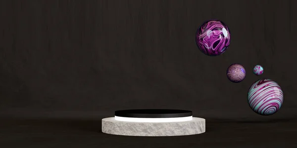 暗い背景と多色の縞模様の球に白い石の台座 照明付き大理石の台座 製品発表のための最小限の抽象的背景 — ストック写真