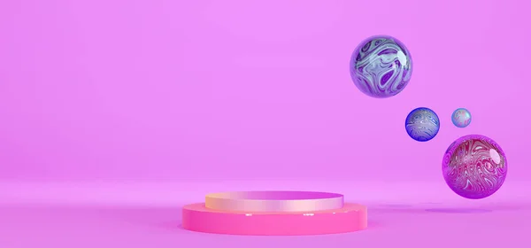 多色の球と台座を流れる ピンクの背景にピンクの表彰台と縞模様の球体 製品のある棚の概要背景 3Dレンダリング — ストック写真