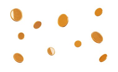 Gökten üç boyutlu altın sikkeler düşüyor. Dolar paraları, arkaplan.