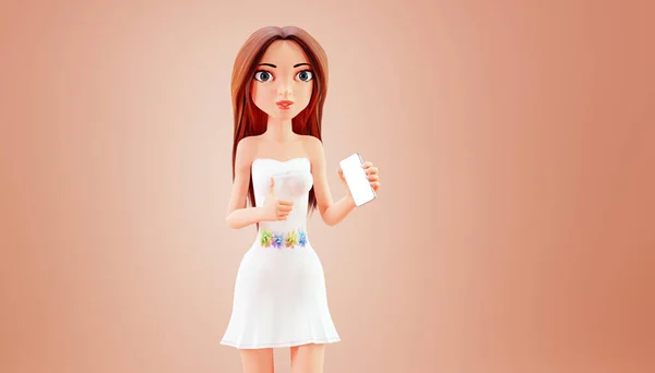 Cute Kreskówki Kobieta Sukience Posiada Smartfona Pokazuje Pusty Ekran Renderowania — Zdjęcie stockowe