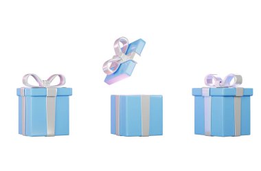 Gerçekçi hediye kutuları seti, 3D görüntüleme. Sevgililer Günü, Anneler Günü ya da Doğum Günü için tasarım öğesi. Mavi hediye kutusu beyaz arkaplanda izole edildi