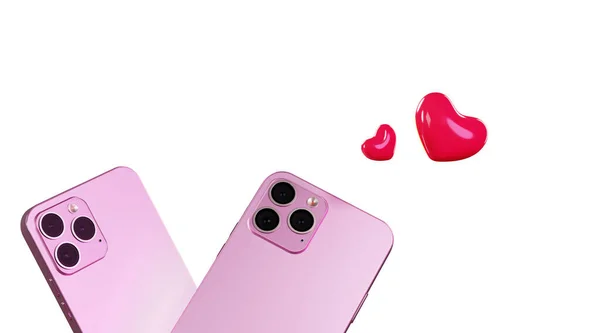電話と心は白い背景に隔離され 3Dレンダリング バレンタインデーのバナー 現代のスマートフォンのモックアップ オンラインショッピングのコンセプト — ストック写真