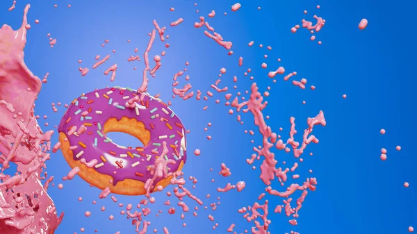 Saucenspritzer Und Ein Donut Render Rosafarbener Donut Und Joghurt Spritzt — Stockfoto