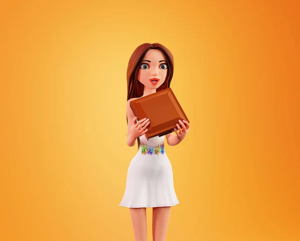 Kvinna Och Stor Chokladkaka Render Söt Kvinna Älskar Choklad Illustration — Stockfoto