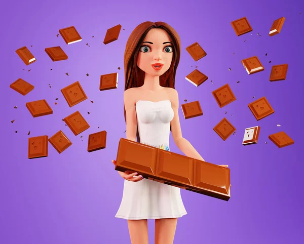 Vrouw Een Chocoladereep Render Mooie Vrouw Houdt Van Chocolade Illustratie — Stockfoto