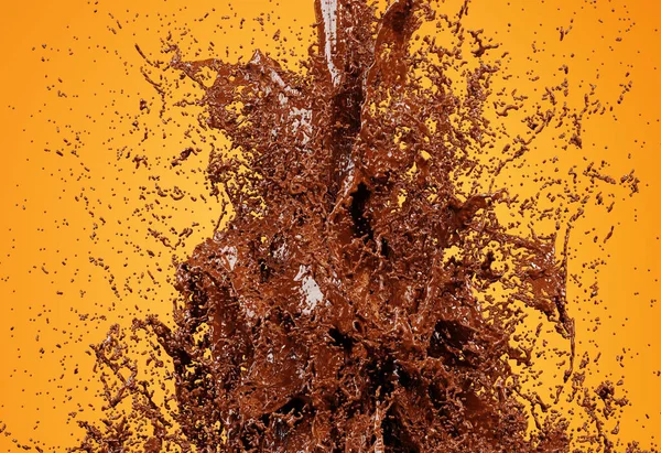 Een Scheutje Warme Chocolademelk Een Oranje Achtergrond Realistische Chocolade Spatten — Stockfoto