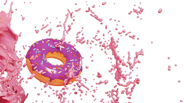 Splashes of sweet sauce and a donut, 3d render. Pink donut in motion and yogurt splashes. Doughnut in pink glaze with sprinkles.