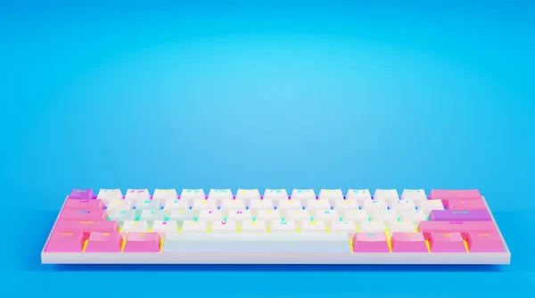 Clavier Bande Dessinée Avec Touches Roses Rétroéclairage Sur Fond Bleu — Photo