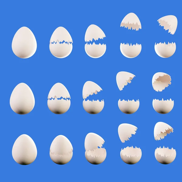 さまざまな角度から卵を割られた 鶏卵セット イースターの要素のデザイン 亀裂と白い鶏の卵 青の背景に隔離されました 3Dレンダリング — ストック写真