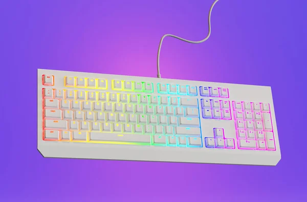 バックライト付きキーボード Rgbライト 3Dレンダリング付きホワイトゲームキーボード 紫色の背景にカラフルなキーボード — ストック写真