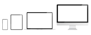 Vektör aygıt ekranları - Markasız bilgisayarların gerçekçi seti, tablet ve boş şeffaf ekranlı akıllı telefon. Yanıt tasarım modelleme konsepti.