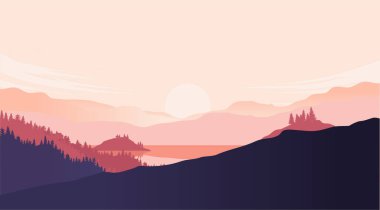 Wilderness vector background - Landscape with sunrise, beautiful colour harmony, trees, ocean and mountains.