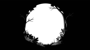 Orman ve doğa çerçevesi - Oval kenar, ortada boş delik olan siyah beyaz renkler, vektör illüstrasyonu.