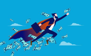 İşadamı kar ediyor. Havada para uçuşan süper kahraman. Kârlı iş ve finansal başarı kavramı. Vektör illüstrasyonu.