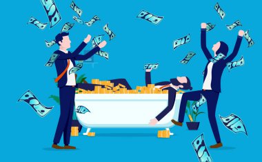 Parayı kutluyoruz, iş adamları bir sürü parayla parti yapıyor. Başarılı, kutlama ve zengin olma. Vektör illüstrasyonu.