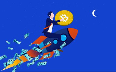Aya Bitcoin, elinde bozuk para olan adam ve etrafta uçuşan para. İşadamı, kurumlar ve şirketler kripto para birimleri konseptini satın alıyorlar. Vektör illüstrasyonu.  