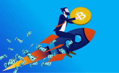 Bitcoin yükseliyor. Elinde kripto para tutan roketli bir adam gökyüzüne uçuyor. Yatırım ve kâr kavramı. Vektör illüstrasyonu.