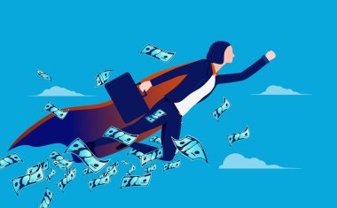 İş kadını süper kahraman. Pelerinli kadın iş adamı etrafta para uçuşurken tepeye çıkıyor. Başarılı kahraman konsepti. Vektör illüstrasyonu.