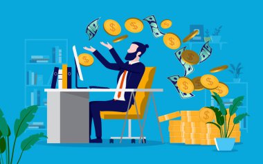 İnternetten para kazan. İşadamı evde bilgisayardan para alıyor. Vektör illüstrasyonu.