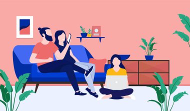 Evde kablosuz internet kullanan bir aile, telefon ve bilgisayar başında oturan bir erkek ve bir genç. Ev hayatı konsepti. Vektör illüstrasyonu.