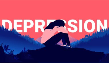 Depresyonla uğraşan üzgün bir kadın manzarada tek başına oturmuş keyifsiz ve depresif hissediyor. Kırmızı arkaplan ve arka planda tek kelime veya başlık. Vektör illüstrasyonu. 