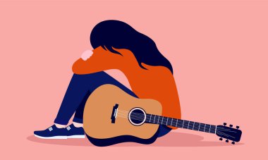 Gitarlı üzgün kız yerde oturuyor - Müzisyen yazarlar konsepti engelliyor. Vektör illüstrasyonu.