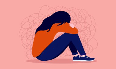 Anksiyete - Depresyondan muzdarip endişeli genç kız başı kucağında oturuyor. Kadın akıl sağlığı konsepti. Vektör illüstrasyonu.