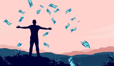 Finansal özgürlükçü - Özgürce poz veren kişinin silueti güzel bir manzara ve gökten para yağıyor. Pasif gelir, zengin ve başarı kavramı. Vektör illüstrasyonu.