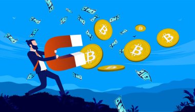 Bitcoin ile zengin olmak - İşadamı büyük mıknatıs ve havada uçuşan parayla şifreli para biriktirir. Toplama ve yatırım konsepti. Vektör illüstrasyonu.