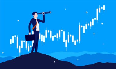 Borsa araştırması - Finansal işadamı dürbünle yükselen grafiğin önünde fırsatlar arıyor. Vektör illüstrasyonu.