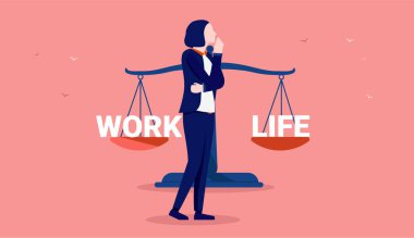 Kadın iş ve yaşam dengesini sözcüklerle tartıyor. Vektör illüstrasyonu.