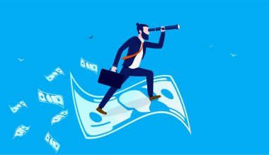 Kâr peşinde koşan bir işadamı, elinde dürbünle para uçuşu yapan bir iş adamı, finansal fırsatlar arıyor. İş finans konsepti. Vektör illüstrasyonu.