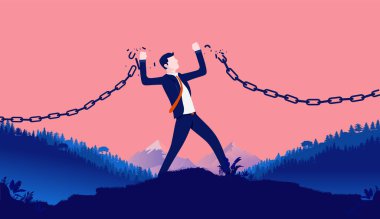 Serbest iş yapma - İş adamı tepenin üstündeki özgürlüğe zincirlerini kırıyor. Vektör illüstrasyonu.