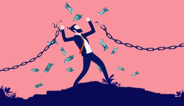 Ekonomik özgürlük işadamı, yoksulluktan kaçmak ve gökten para yağdırmak için zincirlerini kıran adam. Zengin, zengin ve motive edici bir kavram. Vektör illüstrasyonu.