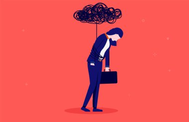 İş kadını depresyonu. Aşırı çalışmaktan kara bulutlara kapılmış bir kadın. Beyin sisi ve depresyon konsepti. Vektör illüstrasyonu.