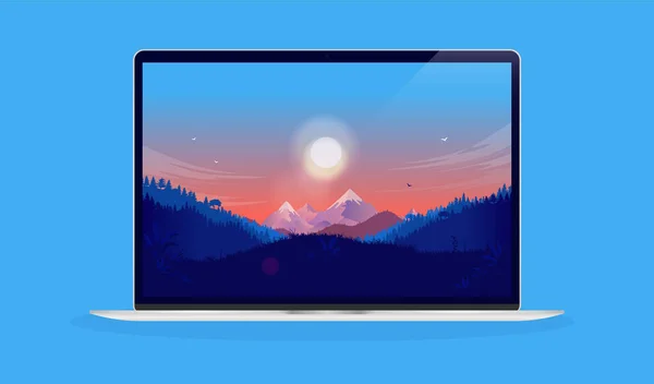 Komputer Wektorowy Laptop Tapetą Krajobrazu Ekranie Niebieskim Tle — Wektor stockowy
