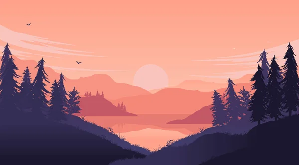 Bosque Lago Ilustración Hermoso Fondo Naturaleza Con Bosque Mar Puesta — Vector de stock