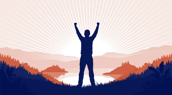 Freedom Movement Silhouette Happy Male Person Hands Air Standing Front — Stock Vector