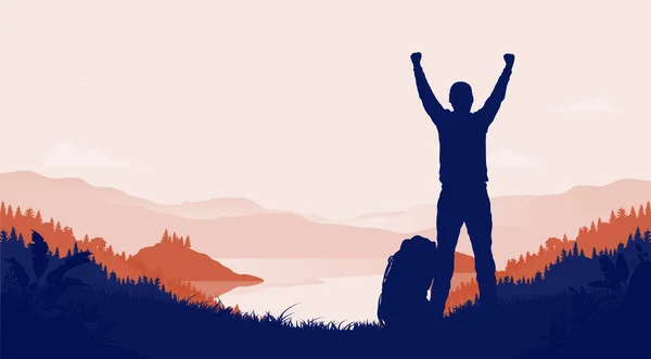Find Motivation Nature Man Raised Arms Landscape Enjoying Personal Adventure — Stock Vector