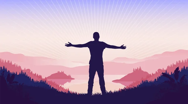 Spiritual Growth Man Standing Landscape Sun God Rays Having Soul — Stock Vector