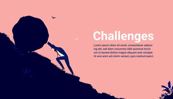 Business Challenges Businessman Working Hard Pushing Boulder Hill Challenge Determination — Stockový vektor